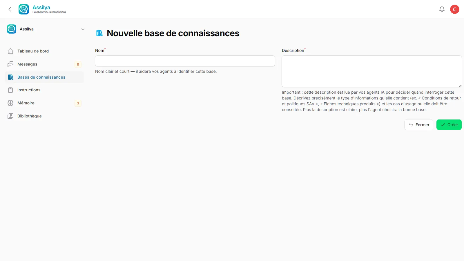 Le formulaire de création d'une base de connaissances
