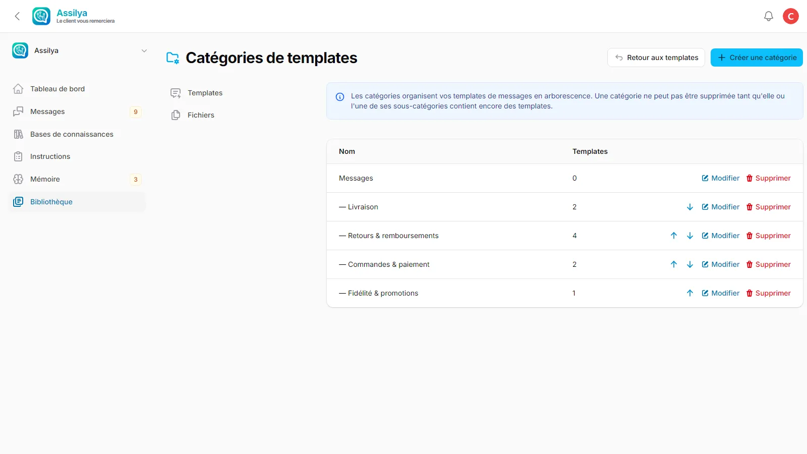 La gestion des catégories de templates