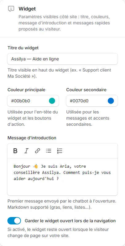 Les paramètres du widget chatbot