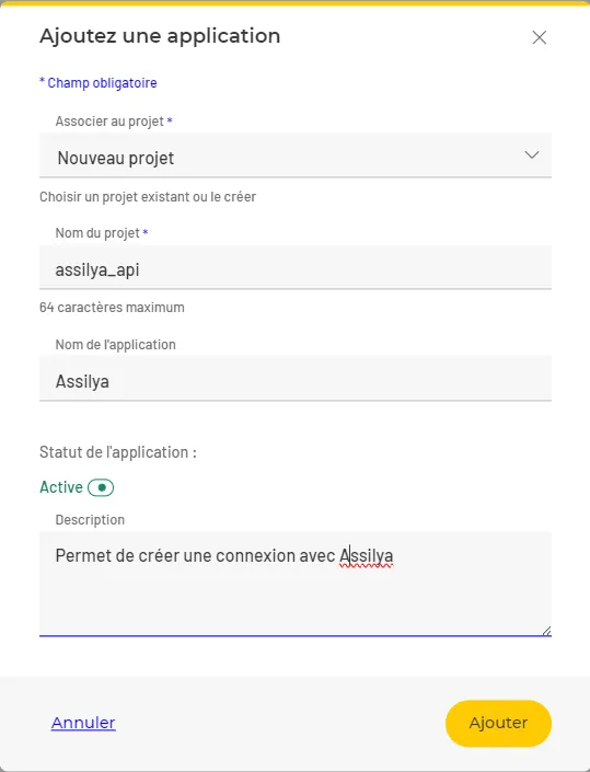 La fenêtre « Ajoutez une application » : projet, nom et statut de l'application