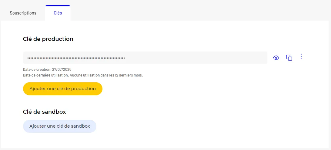 L'onglet Clés de l'application : la clé de production à copier
