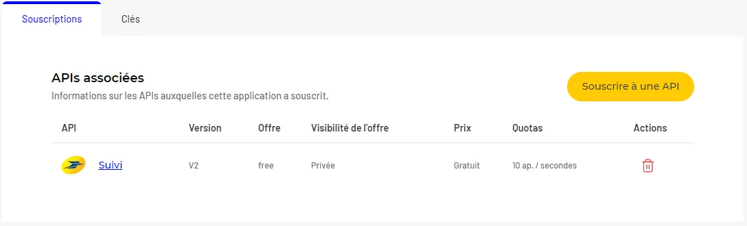L'onglet Souscriptions de l'application : l'API Suivi est associée