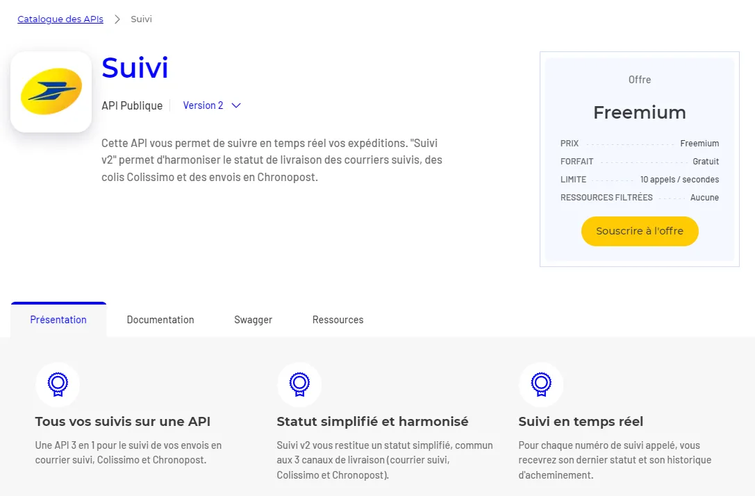 La fiche de l'API Suivi dans le catalogue, avec son offre Freemium