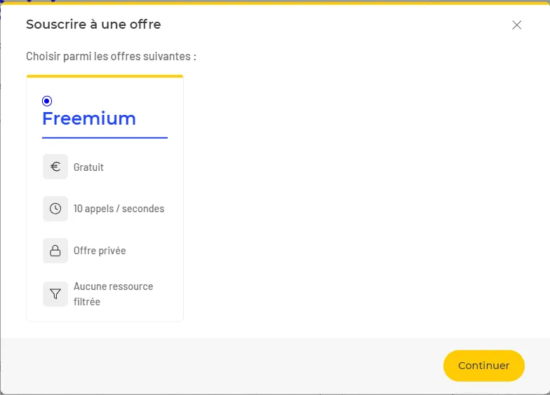 Le choix de l'offre Freemium dans la fenêtre « Souscrire à une offre »