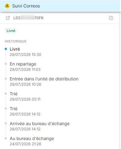 La fiche de suivi Correos dans une conversation