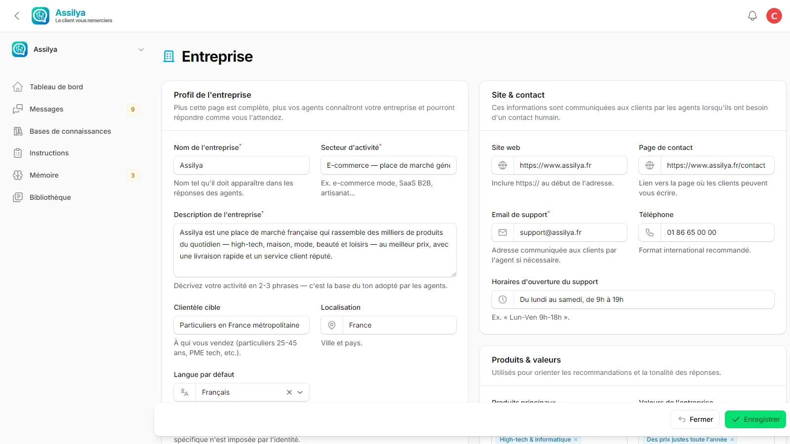 Le formulaire de la page Entreprise