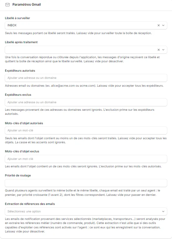 Les paramètres de l'agent Gmail