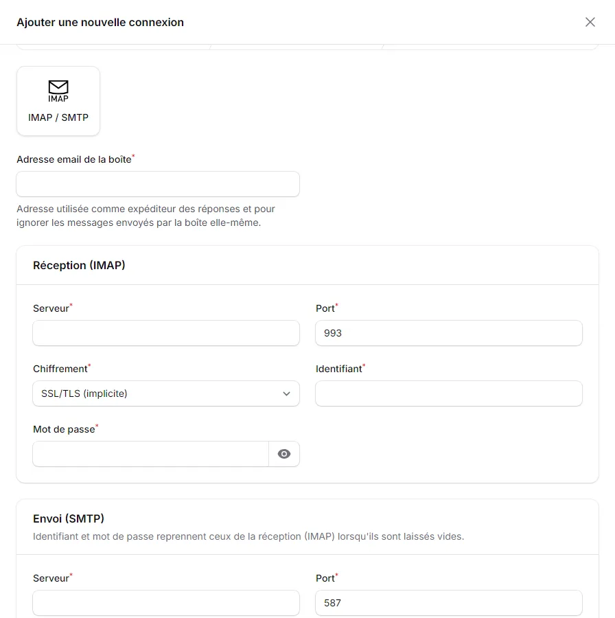 Le formulaire de connexion IMAP / SMTP