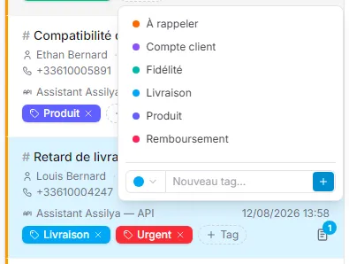 Tags et notes sur une ligne de conversation