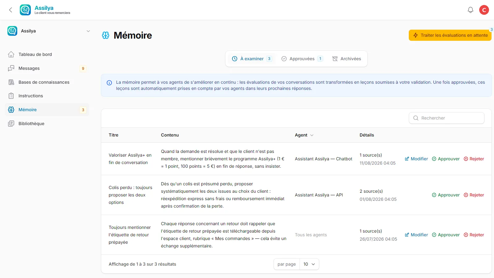 La liste des mémoires et ses onglets