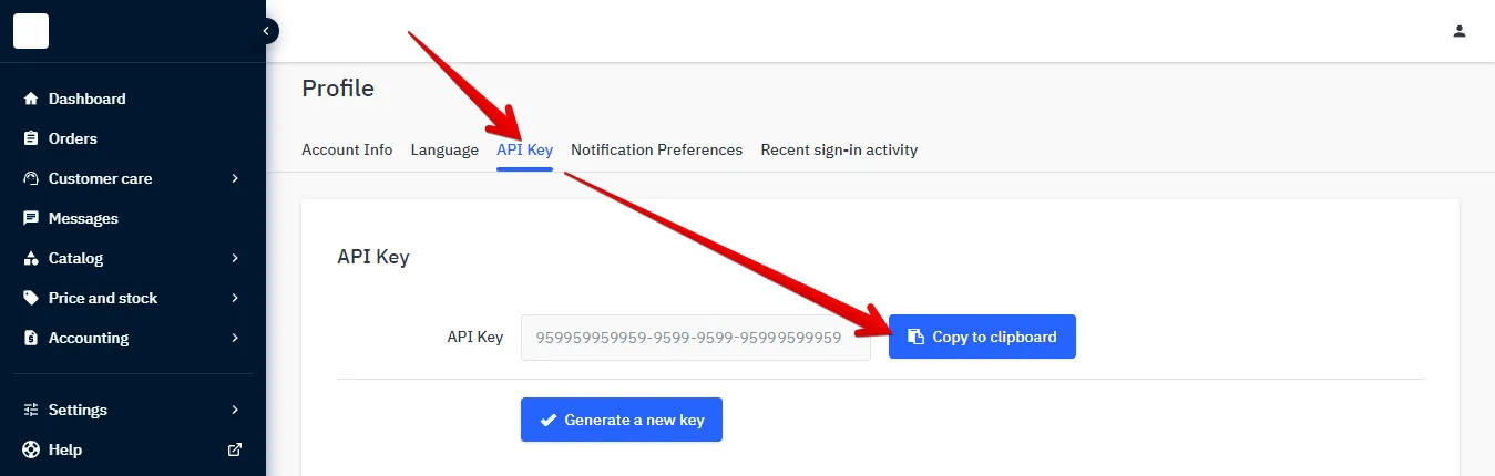 La clé API dans le back-office marketplace (Mes paramètres utilisateur)