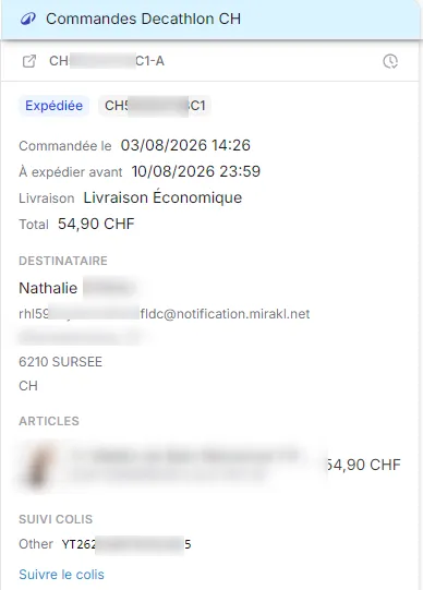 La fiche Commande Mirakl dans une conversation