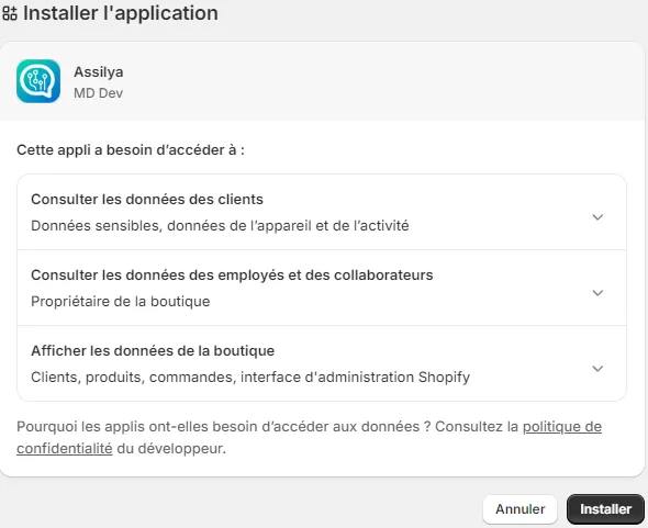 L'écran d'autorisation Shopify