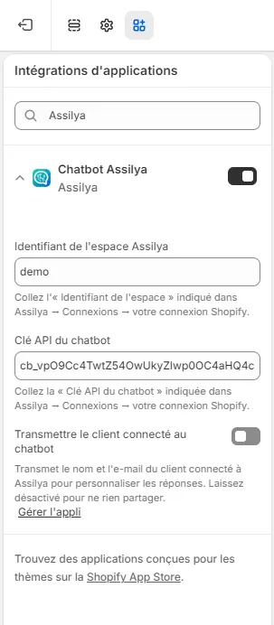 Le parcours chatbot dans l'éditeur de thème Shopify