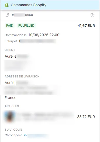 La fiche Commande Shopify dans une conversation