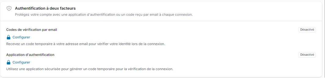 La section Authentification à deux facteurs de Mon profil : codes par email et application d'authentification, chacun avec son bouton Configurer