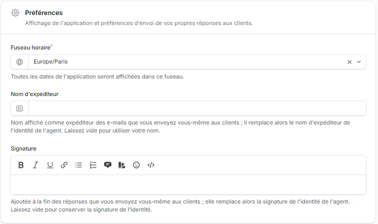 La section Préférences de Mon profil : fuseau horaire, nom d'expéditeur et signature