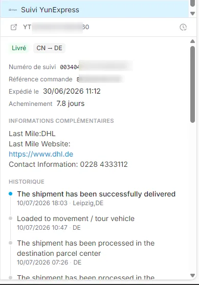 La fiche de suivi YunExpress dans une conversation